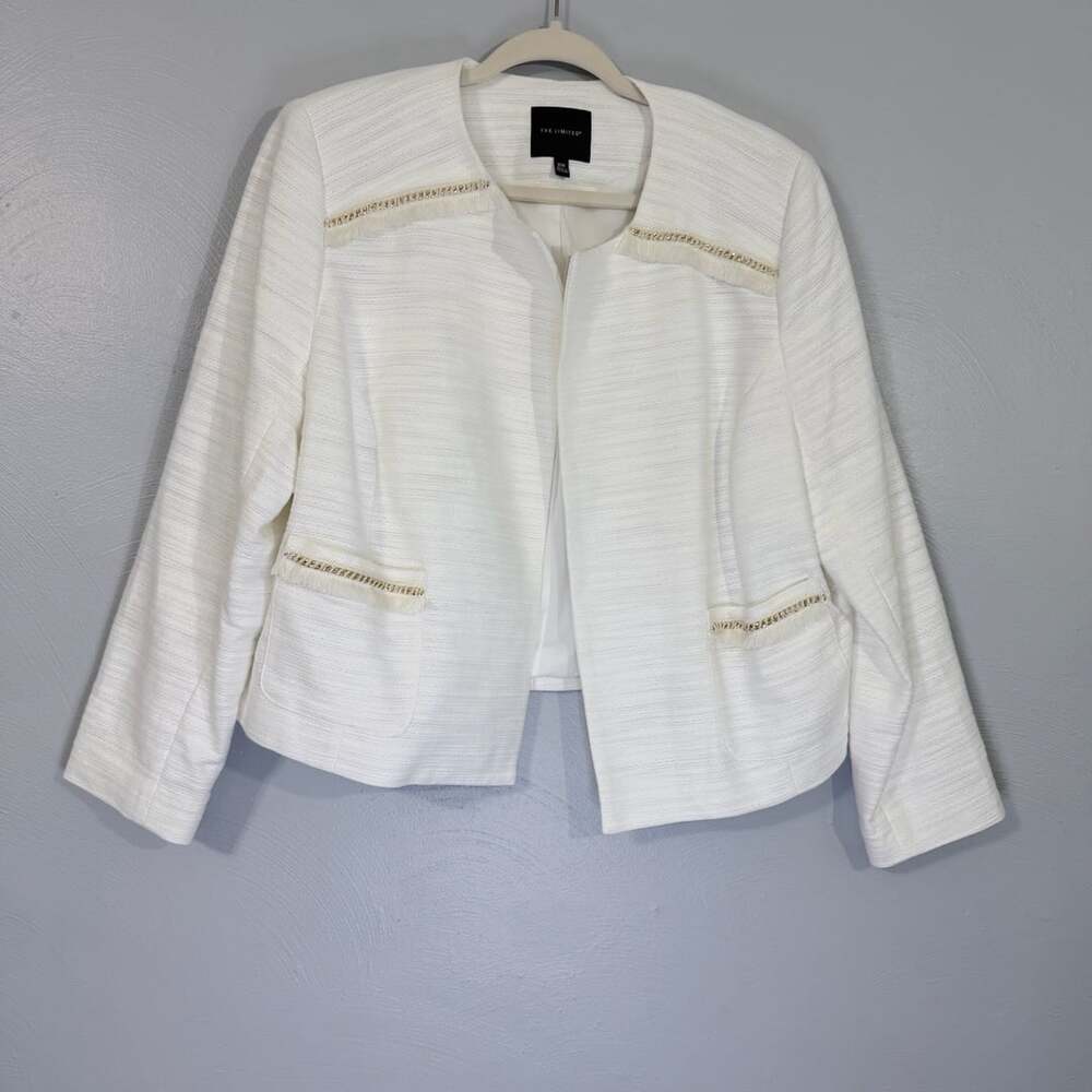 The Limited Tweed Jacket Size 18W White Marshmallow Open Front Fringe NWT